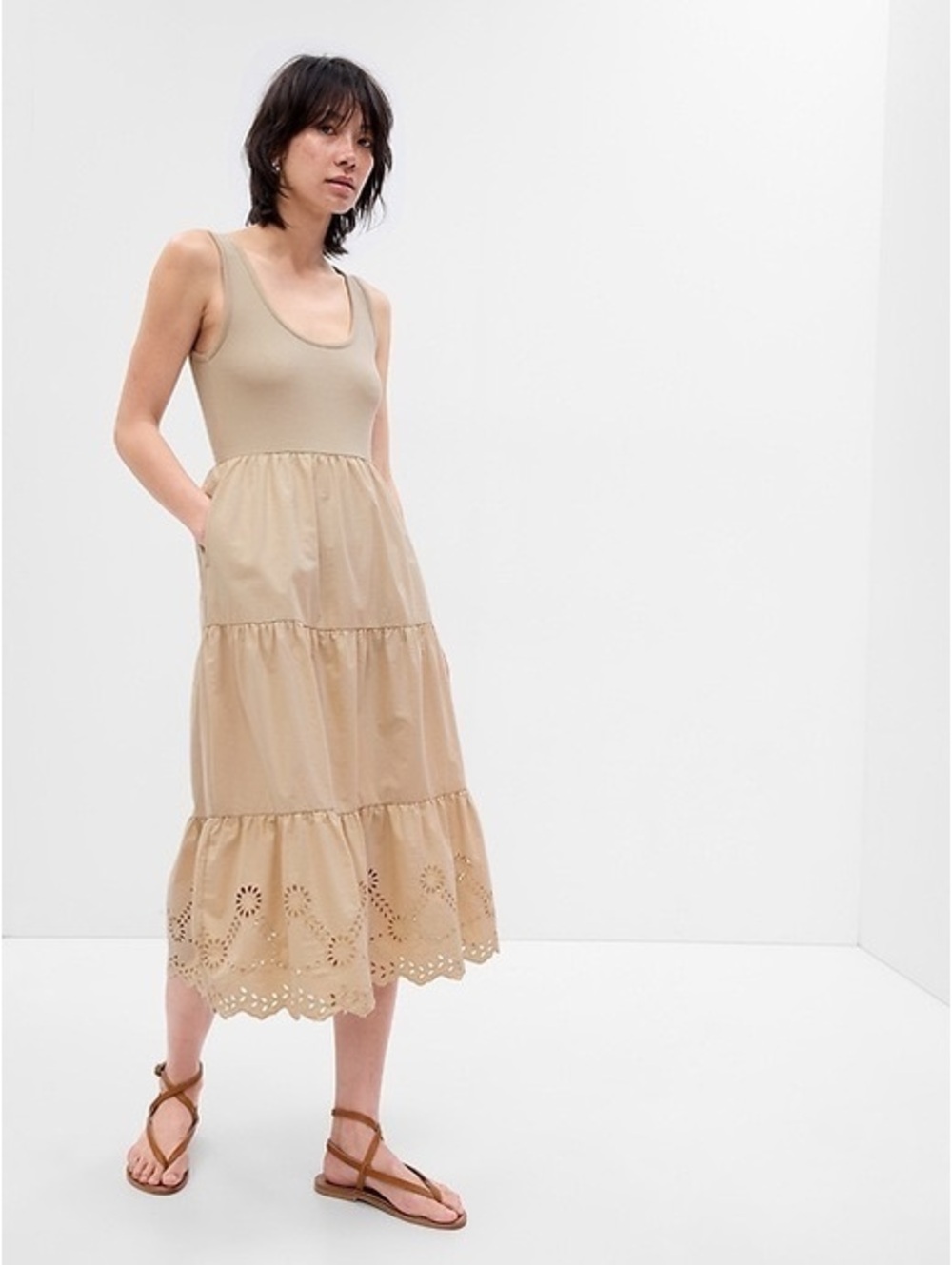 GAP | Eyelet Mixed Fabric Cotton Midi Dress Bedrock Beige Size M with Pockets